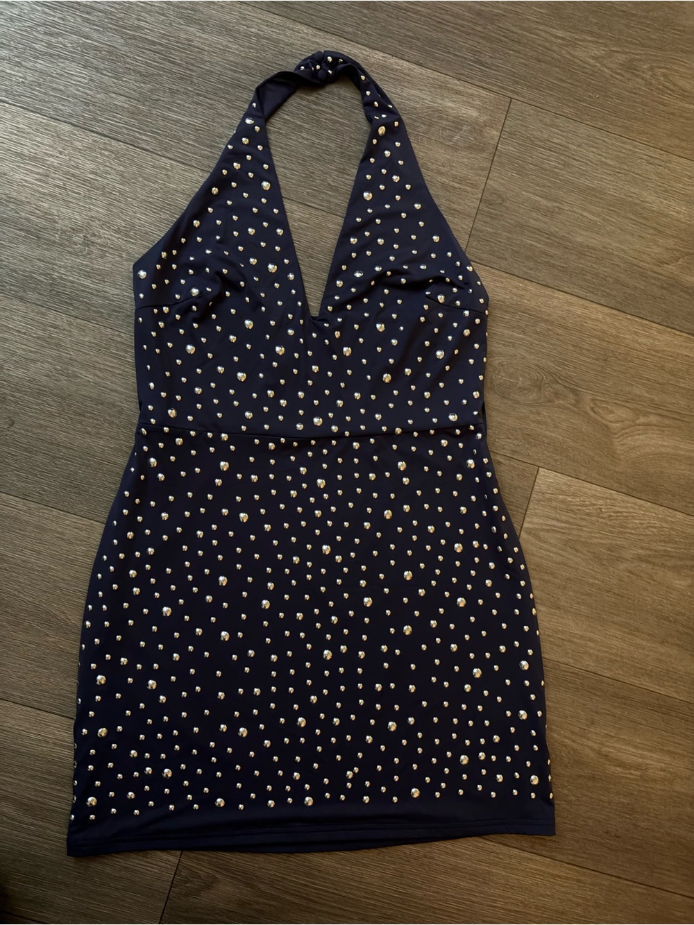 Emory Park Size L Black Rhinestone Studded Halter Mini Dress Y2K
